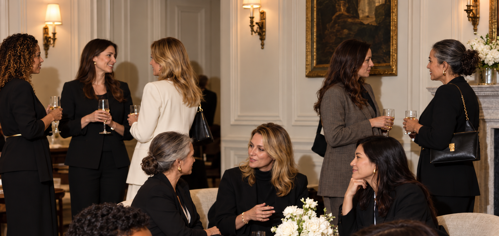 Mujeres conversando en un encuentro empresarial.