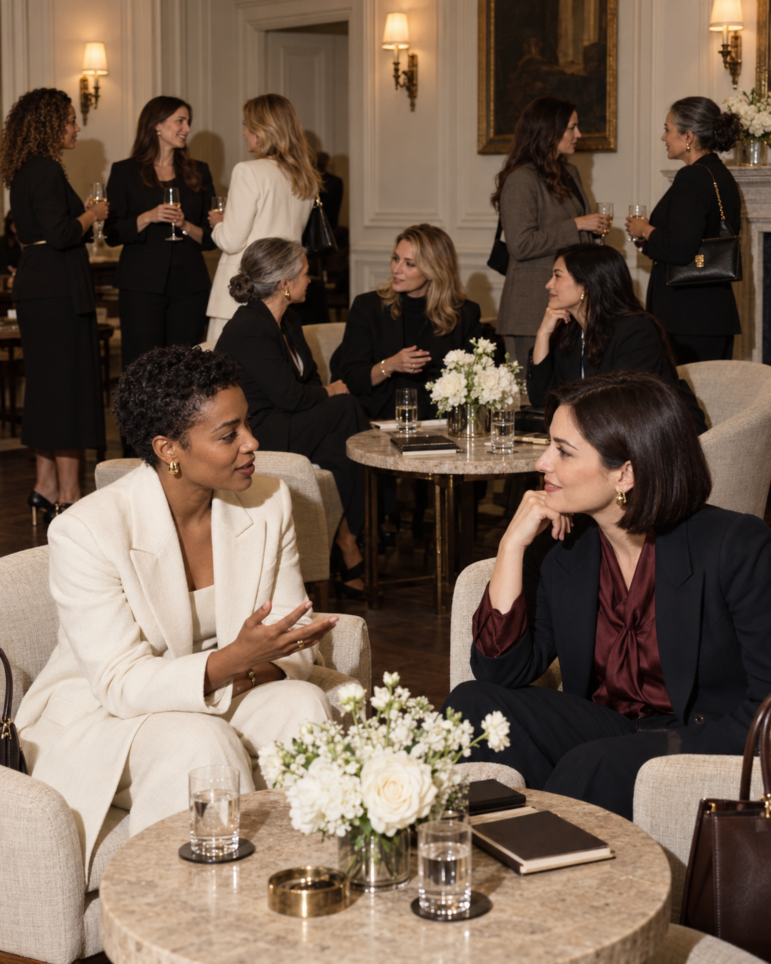 Mujeres de negocios conversando en un encuentro HER.